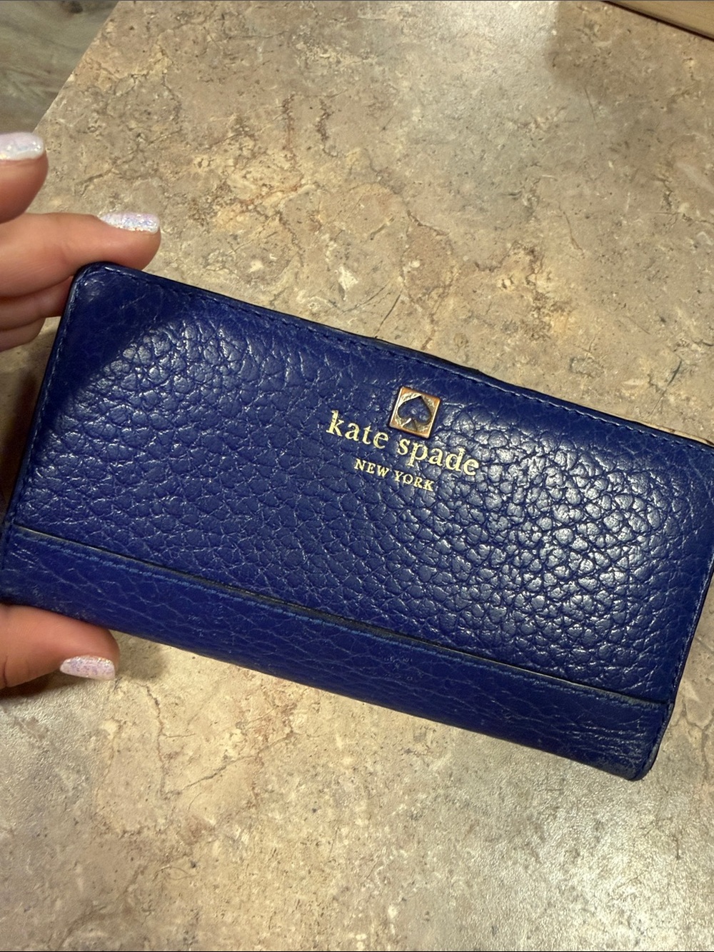 kate spade Pebbled Leather Card Holder Wallet in Navy Blue with Gold Logo